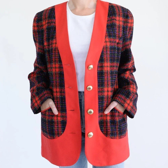 Vintage Simon Chang Black &  Red Pattern 88% Wool Button Down Blazer 12 - Picture 2 of 11